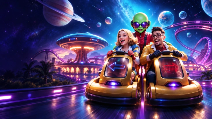 Alien verde con gafas moradas tras una pareja adulta en coches dorados de un parque cósmico