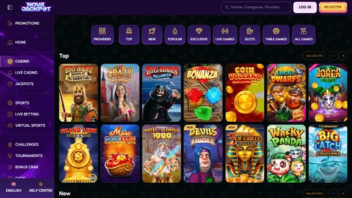 Catálogo de juegos de NovaJackpot con controles en inglés