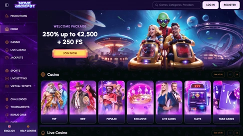 Página de inicio de NovaJackpot en escritorio, con interfaz en inglés